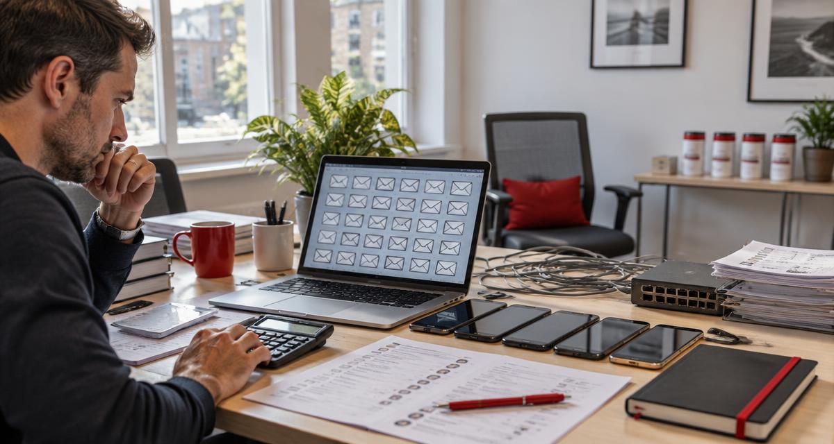 Small business owner calculating costs beside a laptop showing envelope symbols, several phones, contact sheets and network cables
