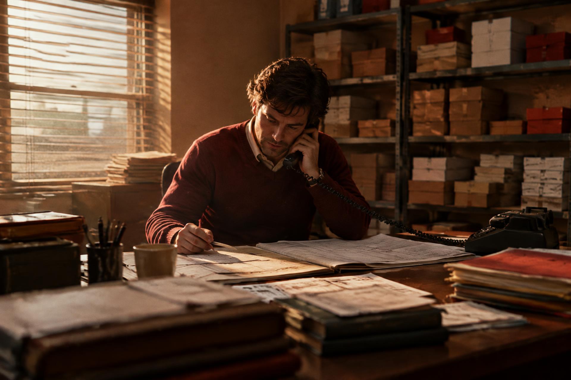 A salesperson working the phone at a desk buried under invoices and order books, with unbranded boxes stacked on shelves behind him